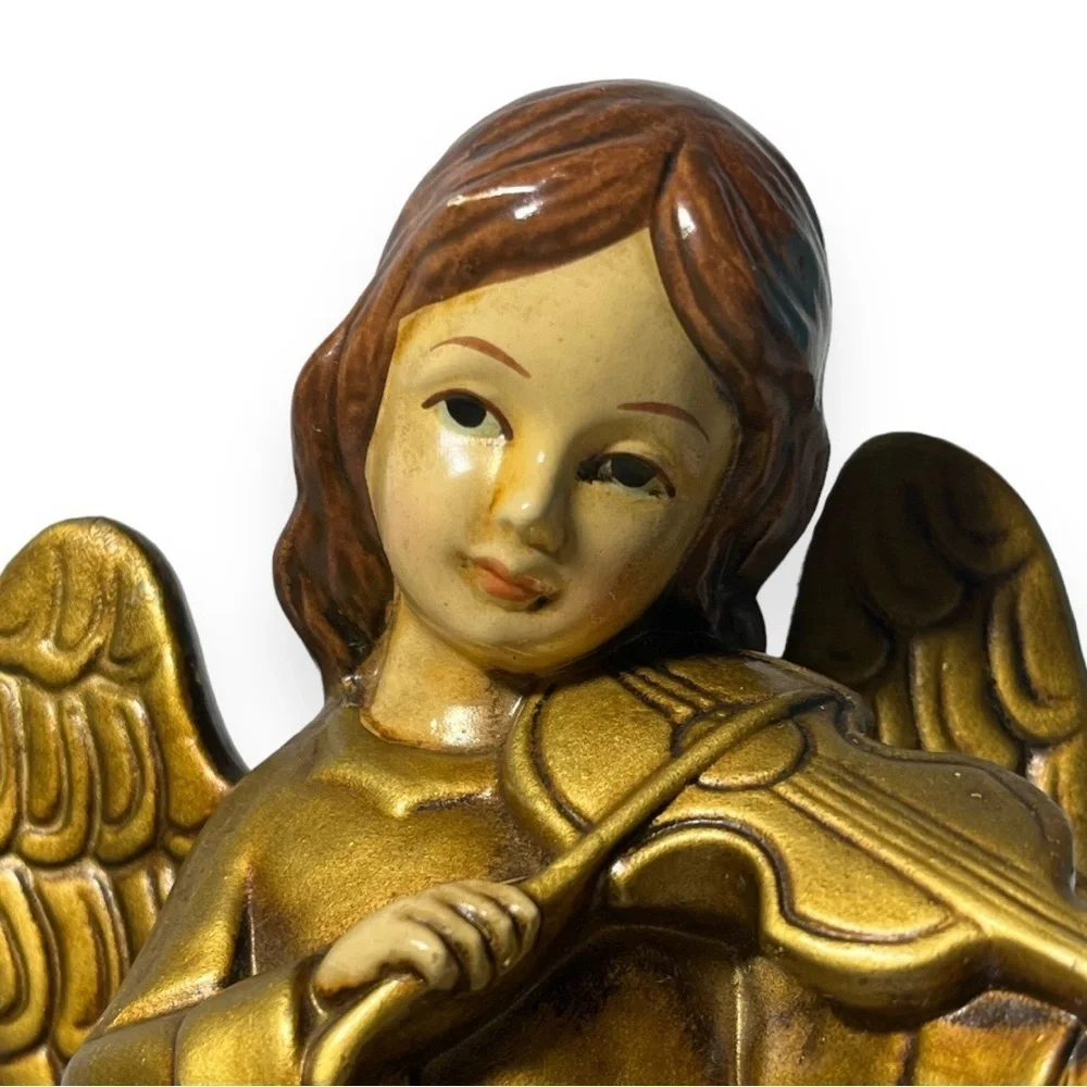 Brinns Christmas Angel Pair Figurine Choir Harp Violin Music Antique Gold Patina